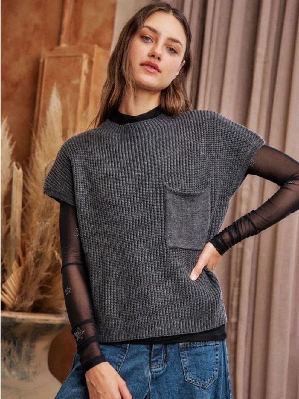Grey Cotton Short Sleeve Sweater Top